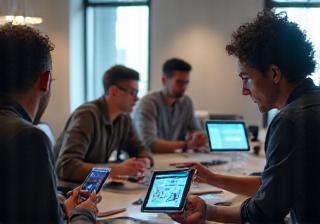 Team creating digital content on tablets and computers